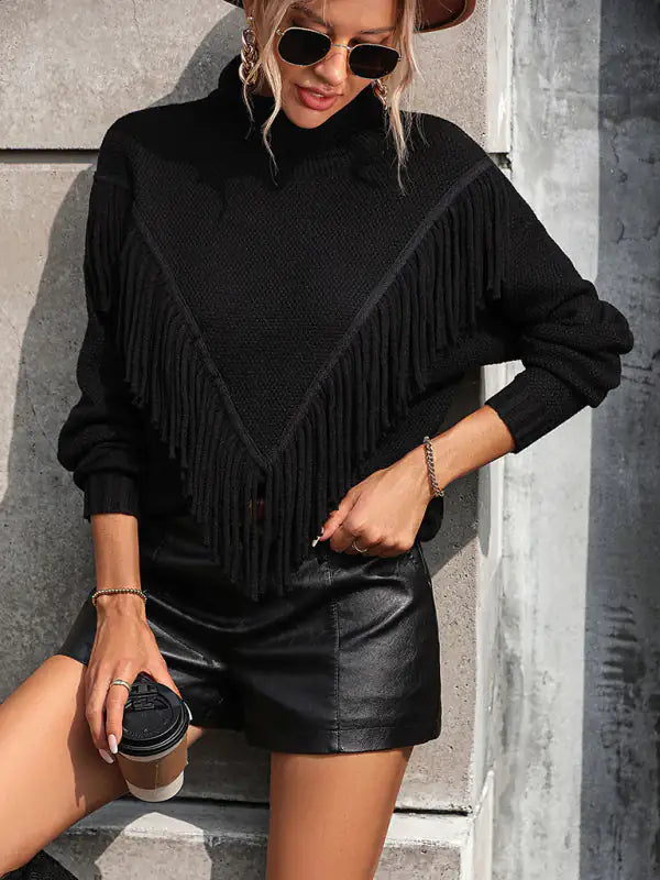 Fringed Turtleneck Knitted Sweater