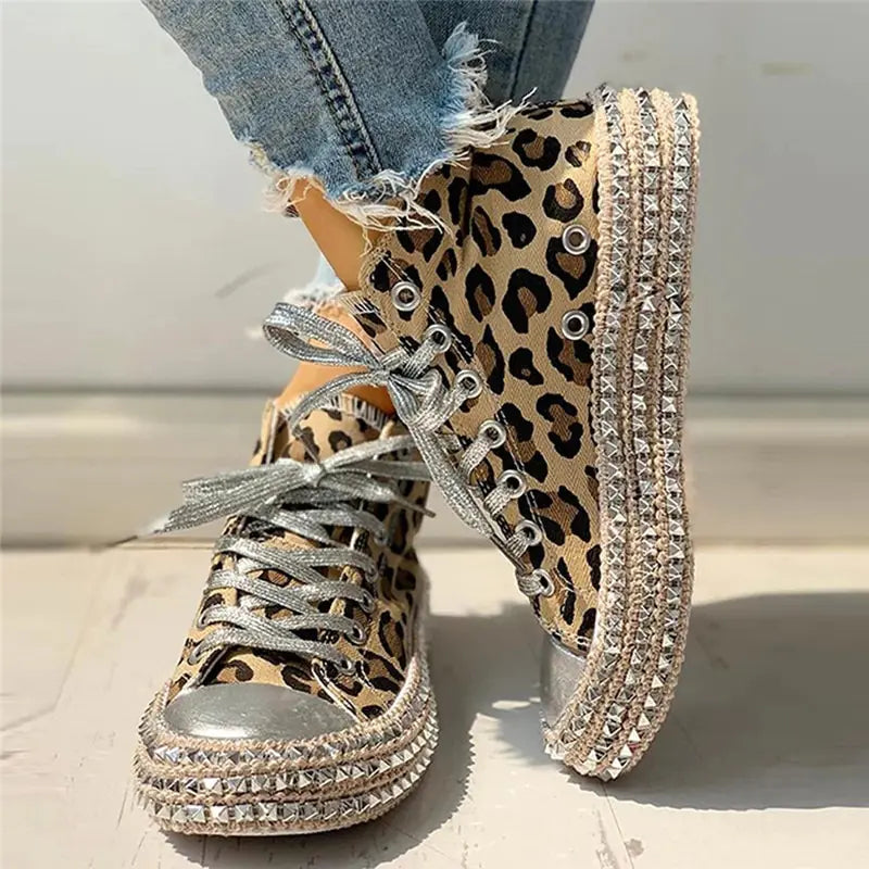 Leopard Print and Black Bling Canvas Shoes