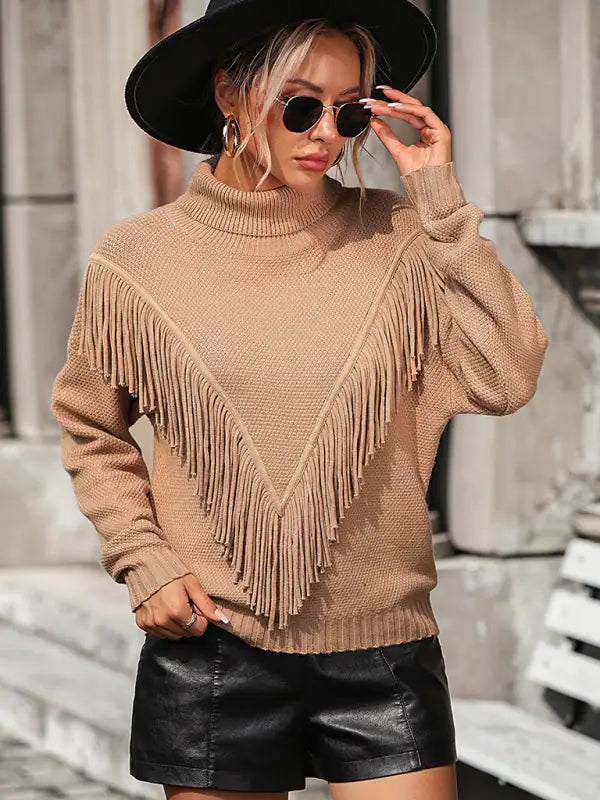 Fringed Turtleneck Knitted Sweater