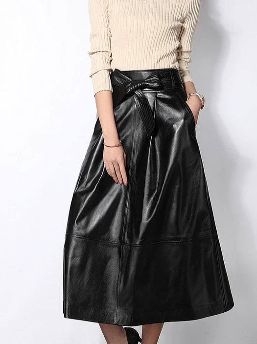 Lautaro Haining Genuine Leather A-Line Midi Skirt