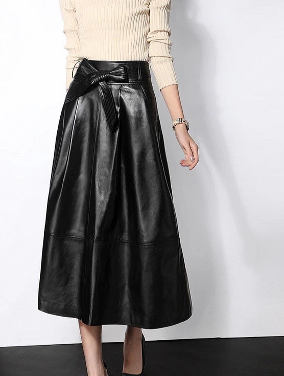 Lautaro Haining Genuine Leather A-Line Midi Skirt