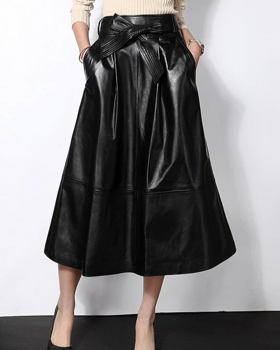 Lautaro Haining Genuine Leather A-Line Midi Skirt