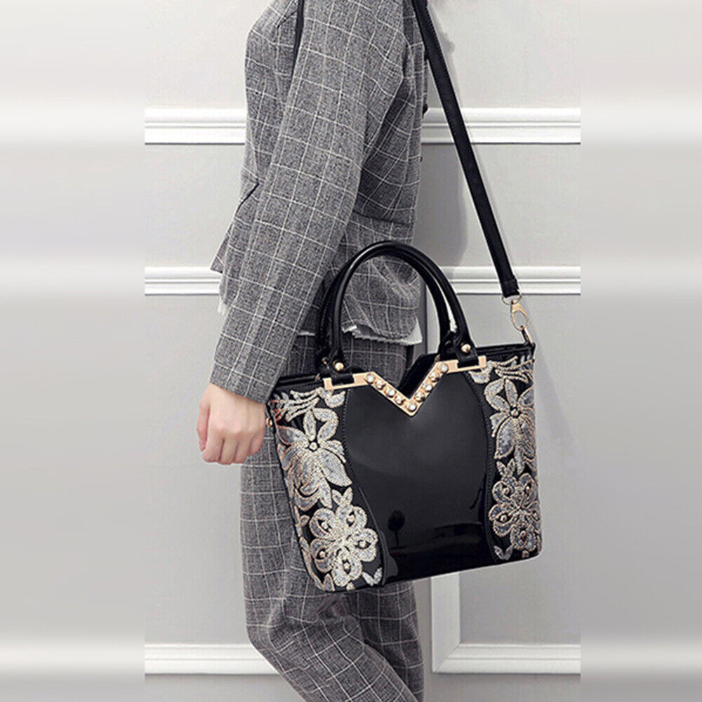 Luxury Sequin Embroidery Patent Leather Handbag