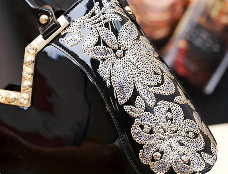 Luxury Sequin Embroidery Patent Leather Handbag