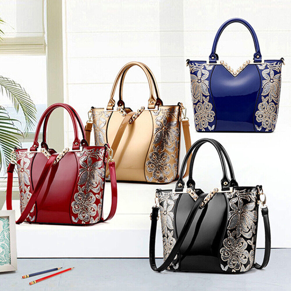 Luxury Sequin Embroidery Patent Leather Handbag