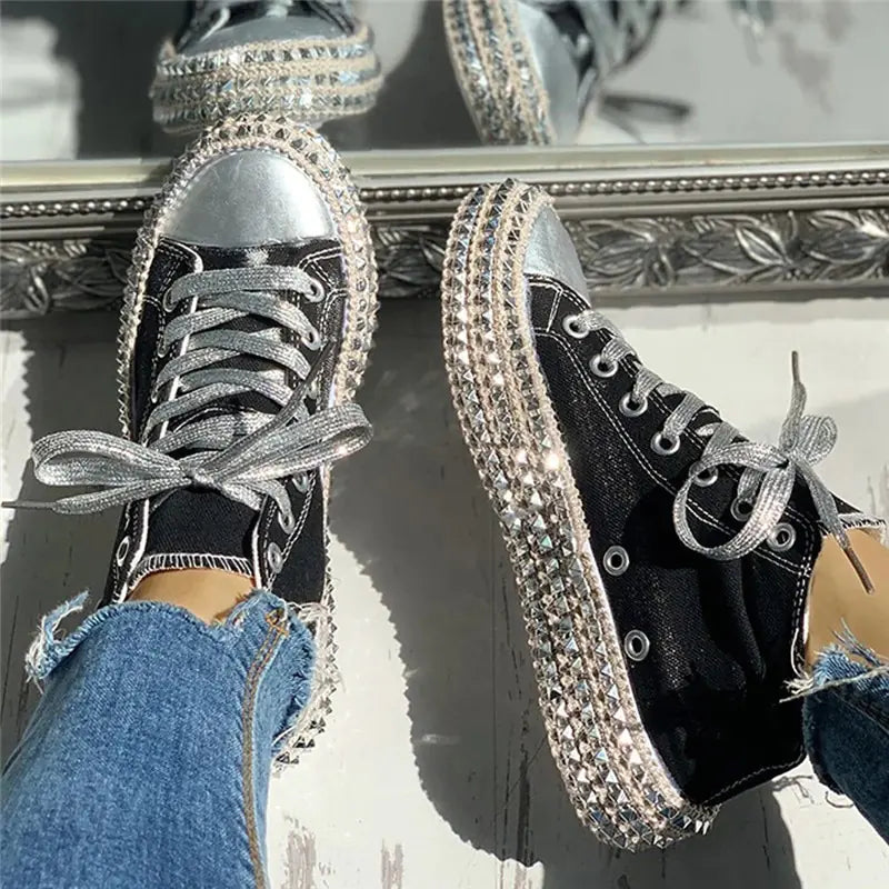 Leopard Print and Black Bling Canvas Shoes