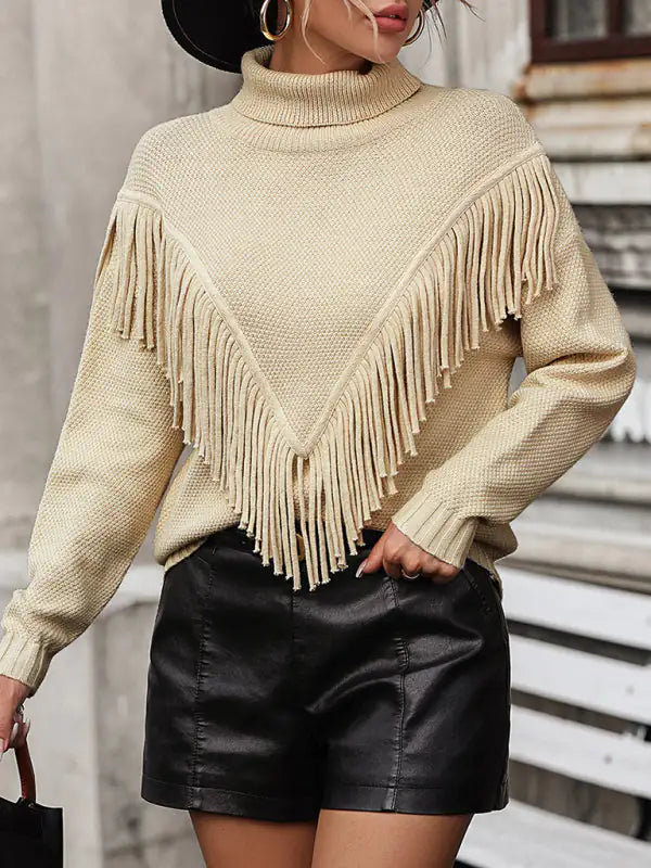 Fringed Turtleneck Knitted Sweater