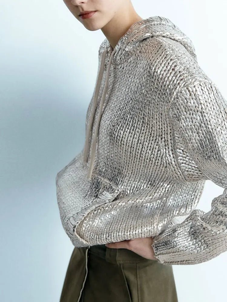 WOLFF Metallic Silver Hoodie Knit Sweater