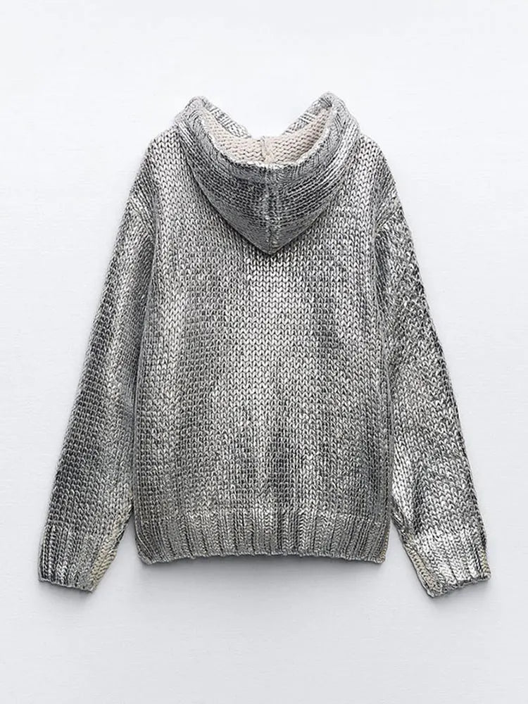 WOLFF Metallic Silver Hoodie Knit Sweater