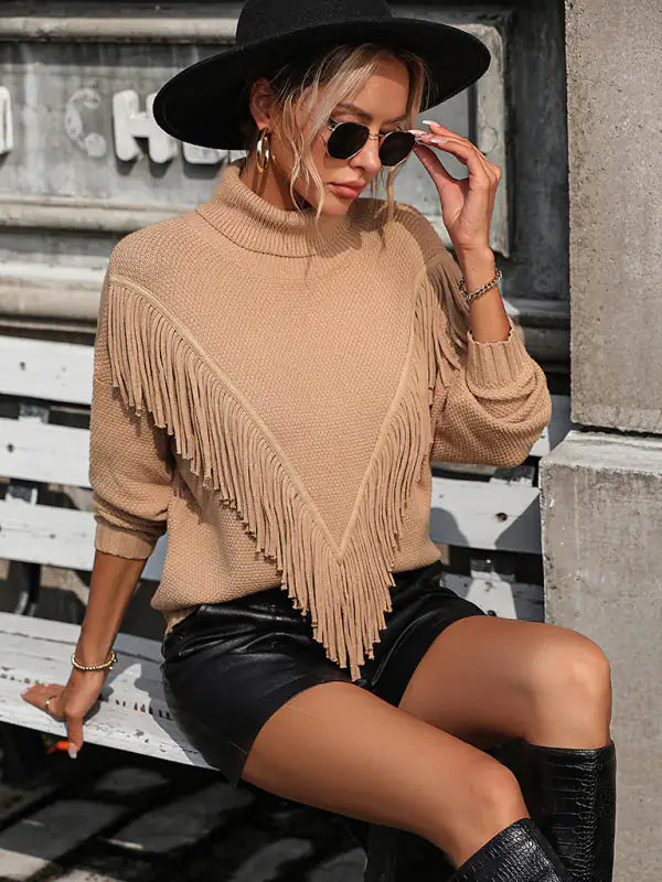 Fringed Turtleneck Knitted Sweater