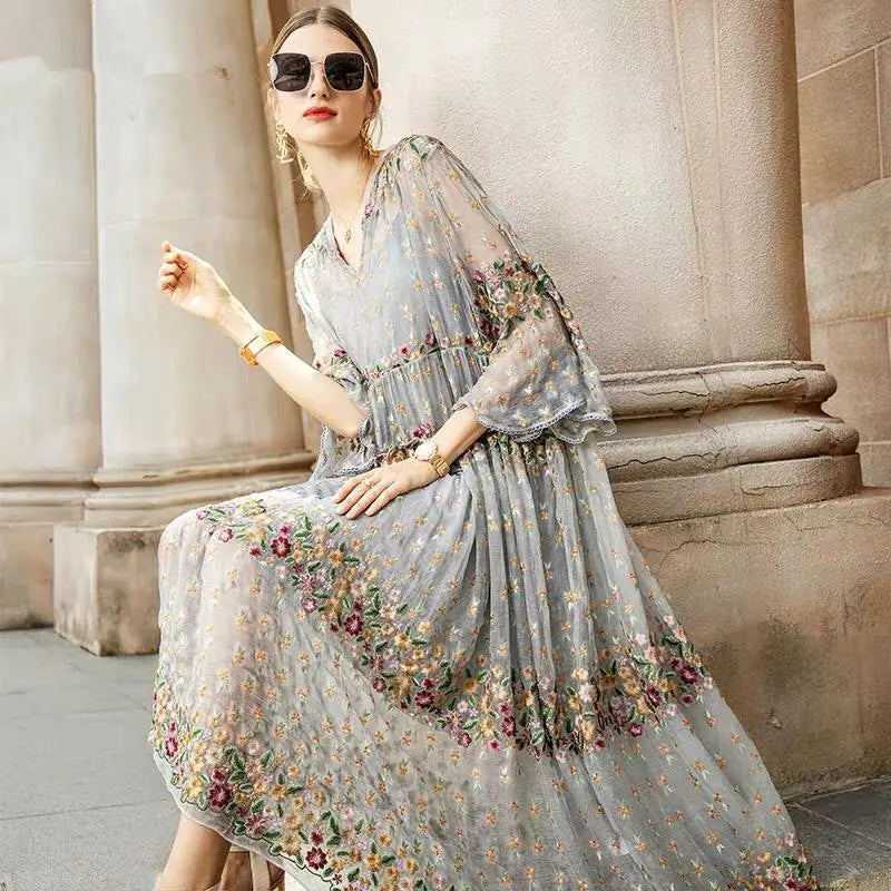 Boutique Embroidered Baby Doll Midi Dress