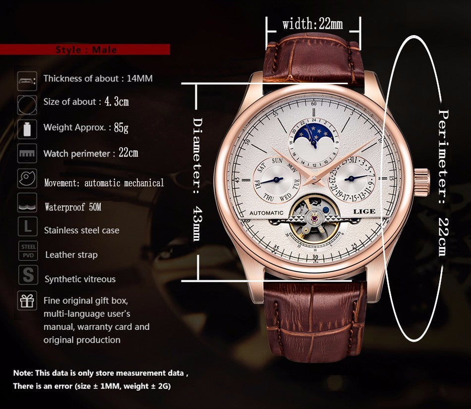 LIGE Belmont Automatic Mechanical Tourbillon Waterproof Watches