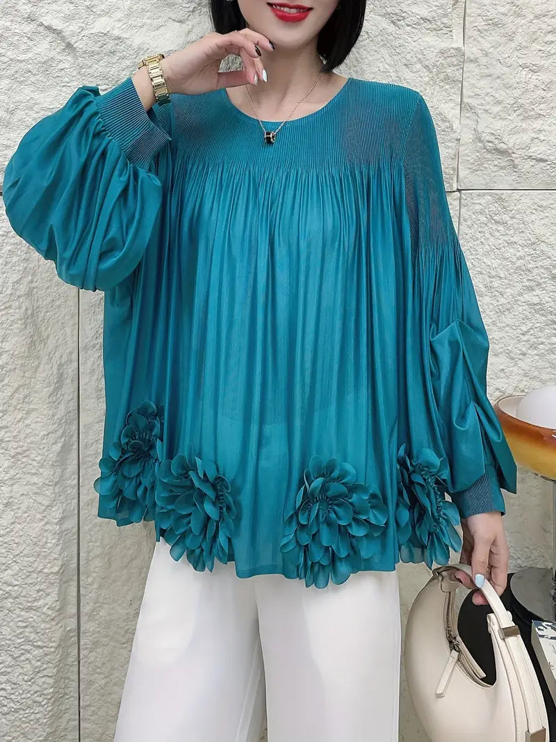 Floral Applique Round-Neck Pleated Blouse Tops
