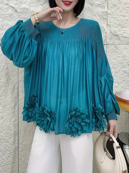 Floral Applique Round-Neck Pleated Blouse Tops