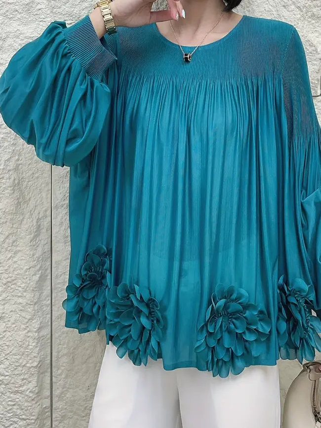 Floral Applique Round-Neck Pleated Blouse Tops