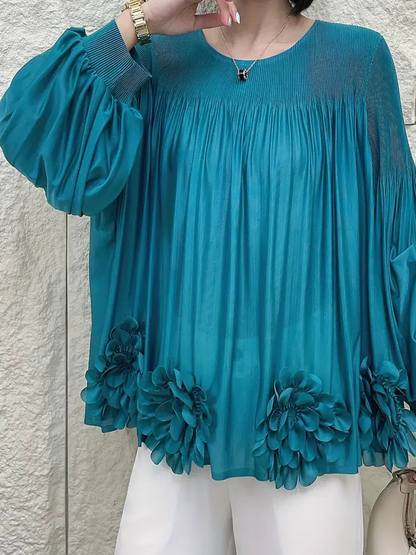 Floral Applique Round-Neck Pleated Blouse Tops