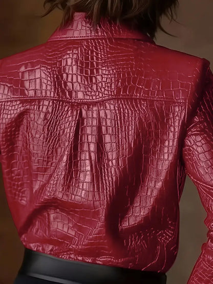 PUPU Crocodile Embossed Vegan Leather Blouse