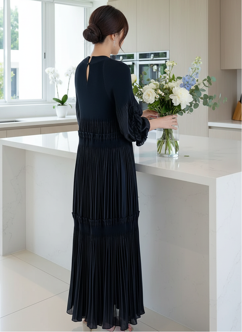 Elegant Floral Applique Fine Pleated Polyester Ruffle Dresses