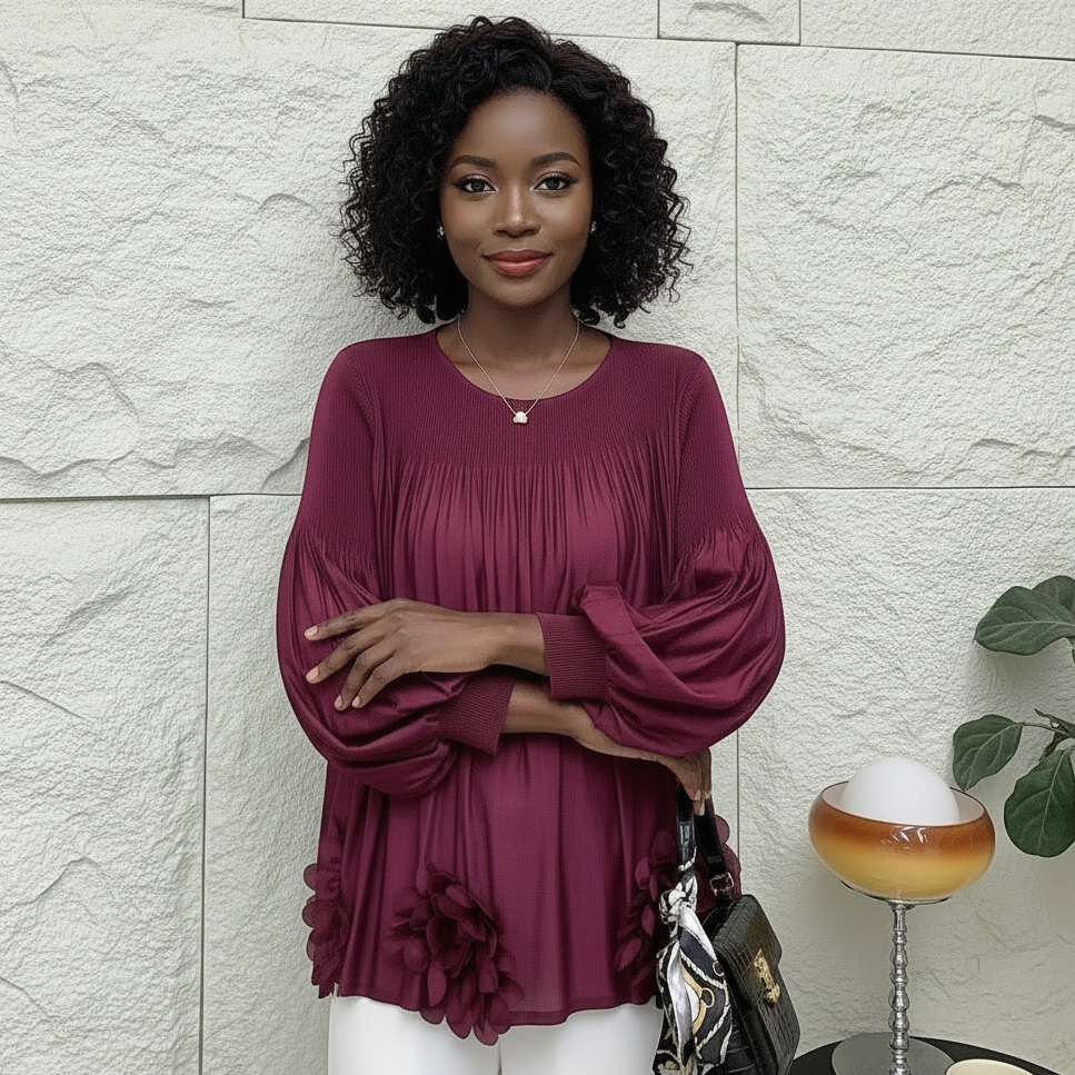 Floral Applique Round-Neck Pleated Blouse Tops