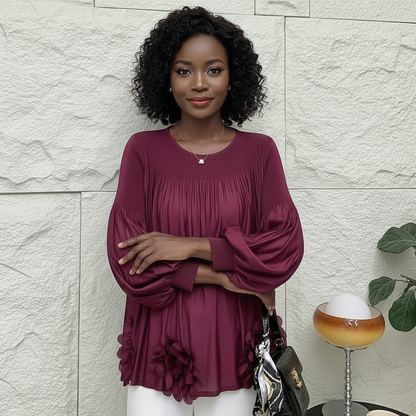 Floral Applique Round-Neck Pleated Blouse Tops