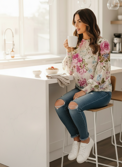 Elegant Floral Lantern Sleeve Blouse