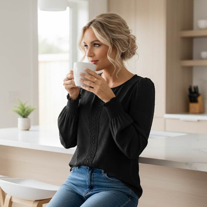 Emery Rose Shirred Long Sleeve Tops