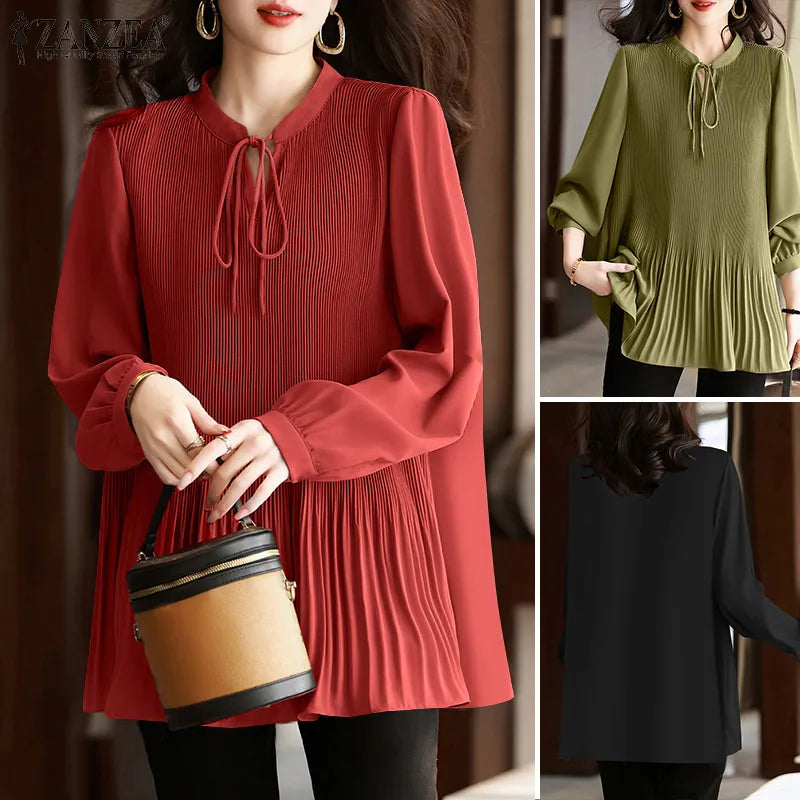 ZANZEA Plus Size Fine Pleated Long Sleeve Top