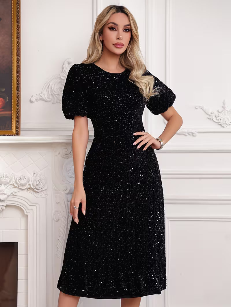 Puff Sleeve Sequin Midi Dress