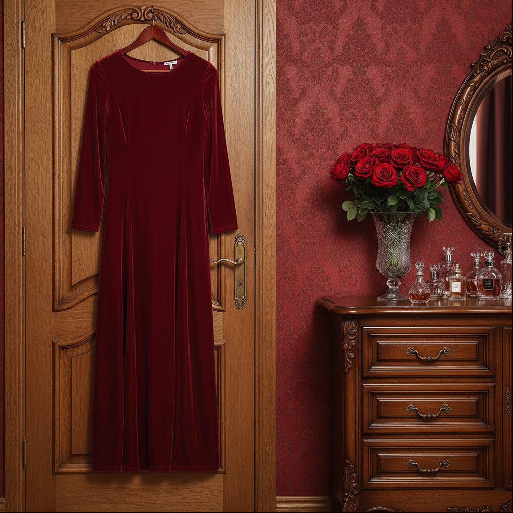 Velvet 3/4 Sleeve Midi Dress