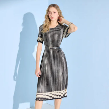 Houndstooth Pleated Midi Dress