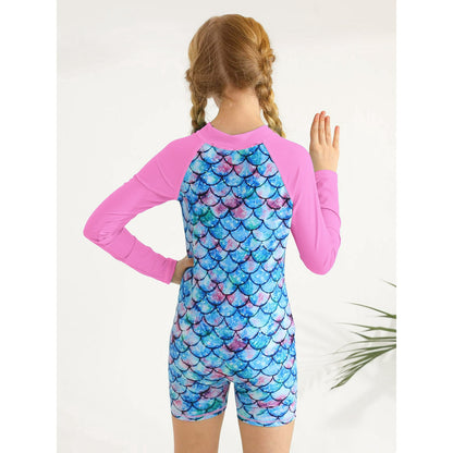 Girls Mermaid One Piece Rash Guard Swimsuits