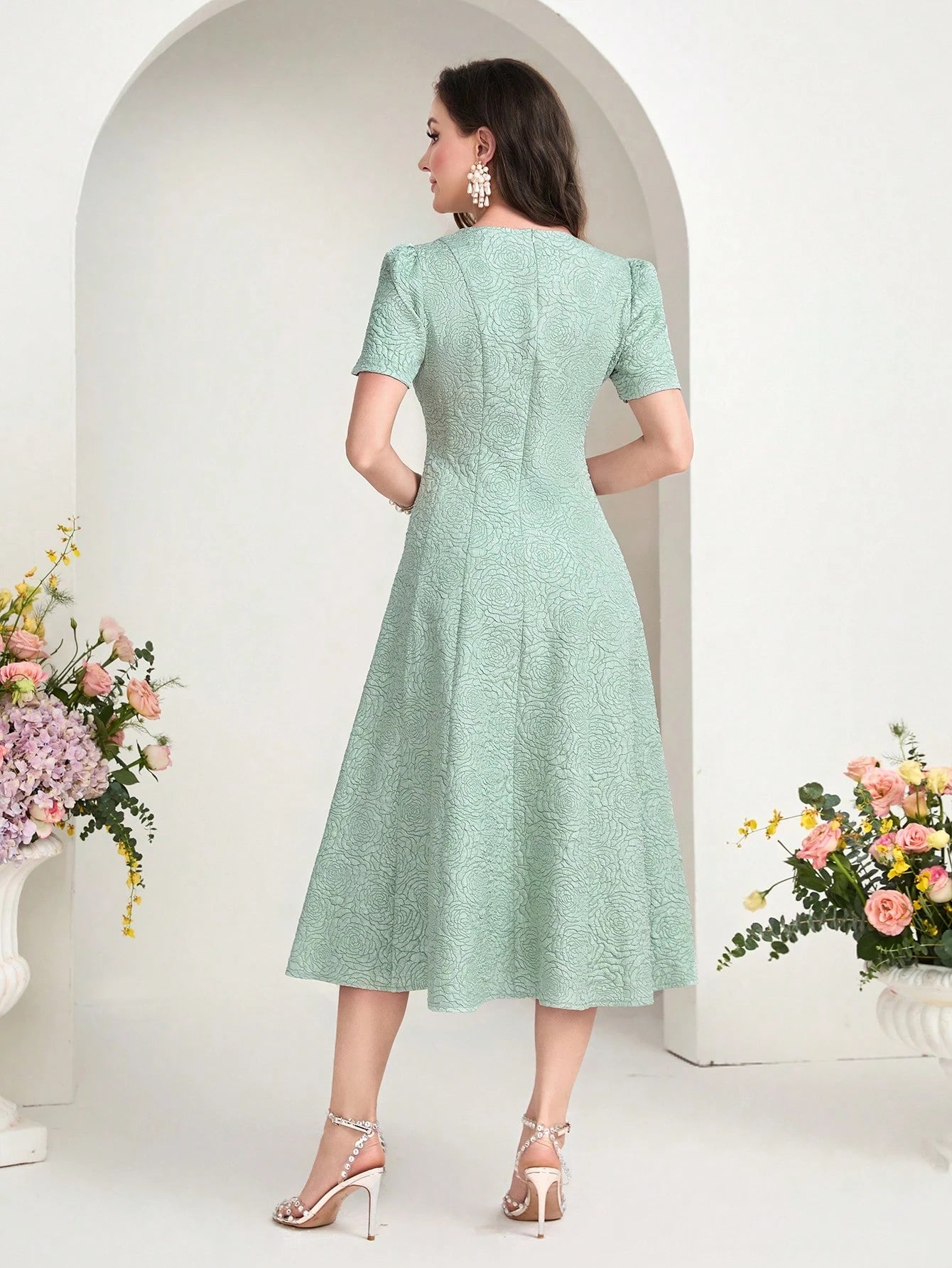 MODELYN Floral Jacquard Notched Neck Short Sleeve Midi Dress