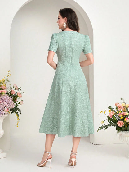 MODELYN Floral Jacquard Notched Neck Short Sleeve Midi Dress