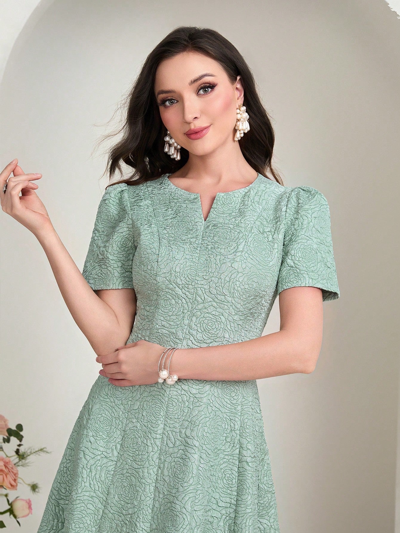 MODELYN Floral Jacquard Notched Neck Short Sleeve Midi Dress