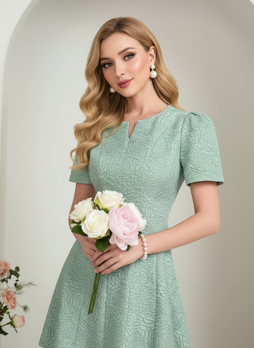 MODELYN Floral Jacquard Notched Neck Short Sleeve Midi Dress