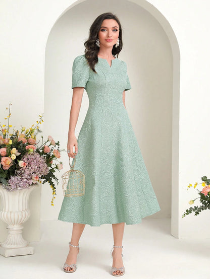 MODELYN Floral Jacquard Notched Neck Short Sleeve Midi Dress
