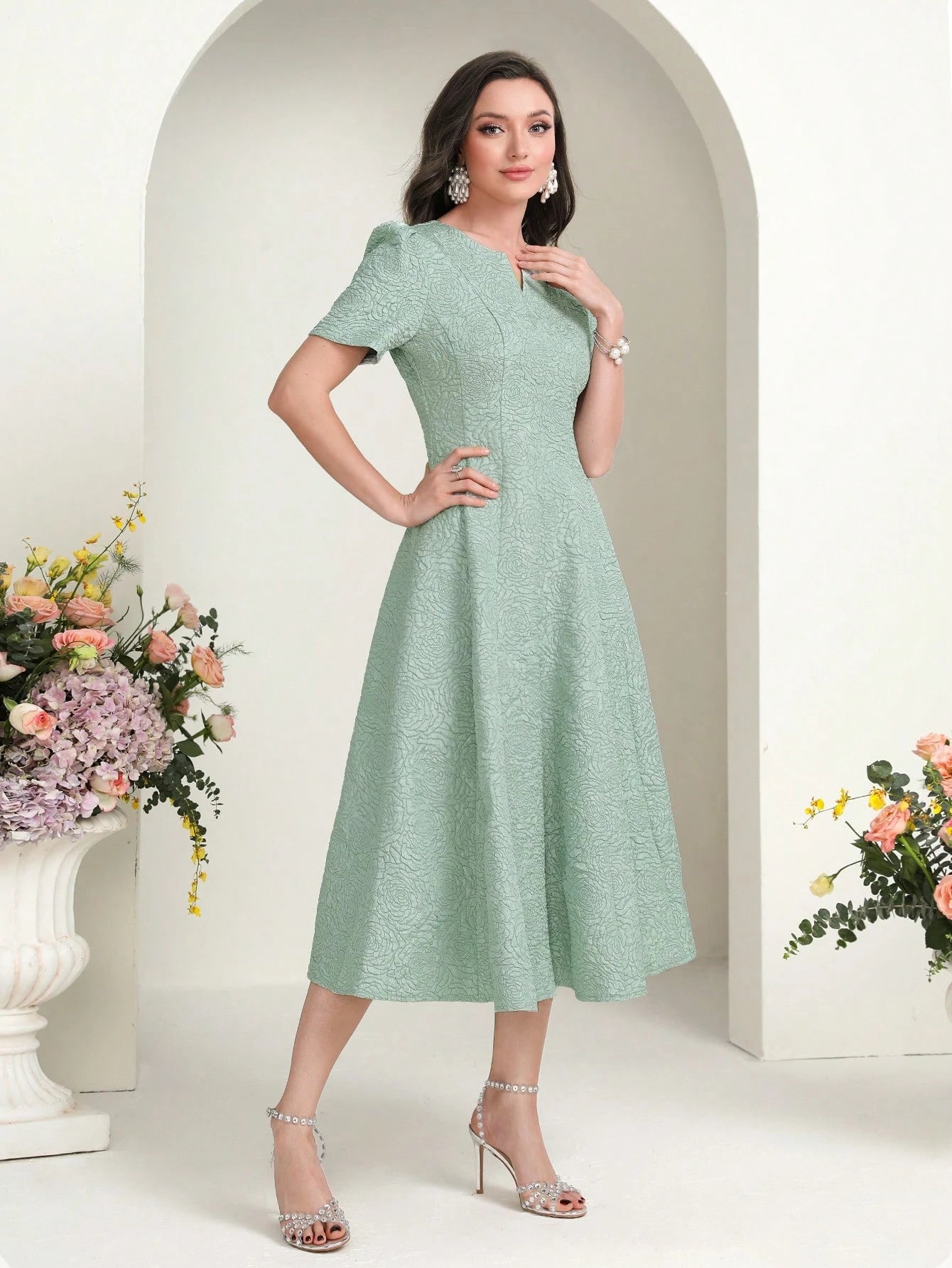 MODELYN Floral Jacquard Notched Neck Short Sleeve Midi Dress