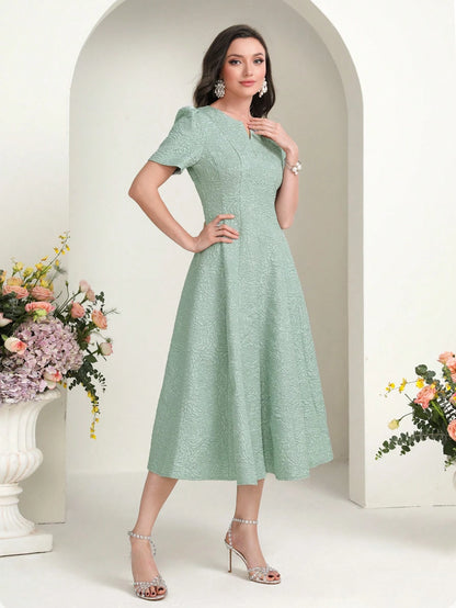 MODELYN Floral Jacquard Notched Neck Short Sleeve Midi Dress