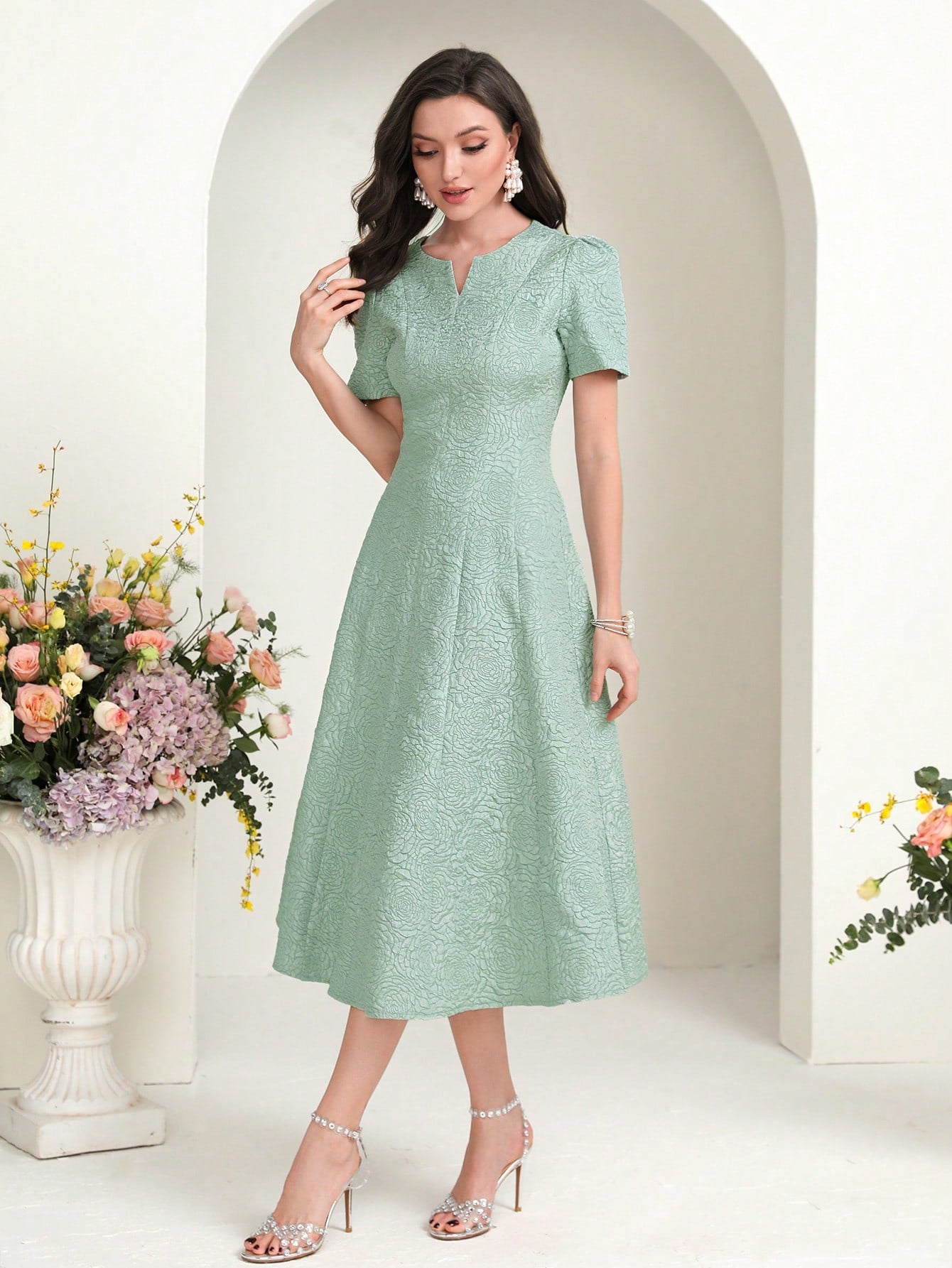 MODELYN Floral Jacquard Notched Neck Short Sleeve Midi Dress