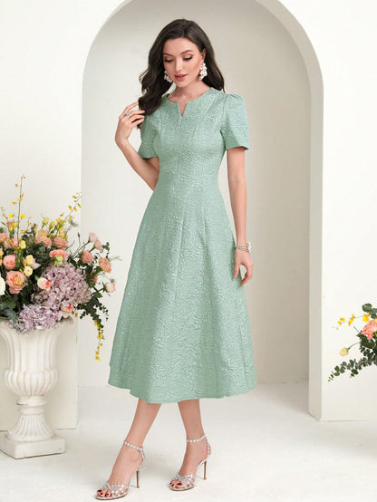 MODELYN Floral Jacquard Notched Neck Short Sleeve Midi Dress