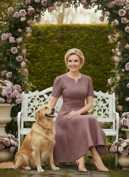 MODELYN Floral Jacquard Notched Neck Short Sleeve Midi Dress