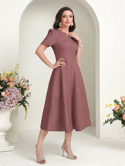 MODELYN Floral Jacquard Notched Neck Short Sleeve Midi Dress