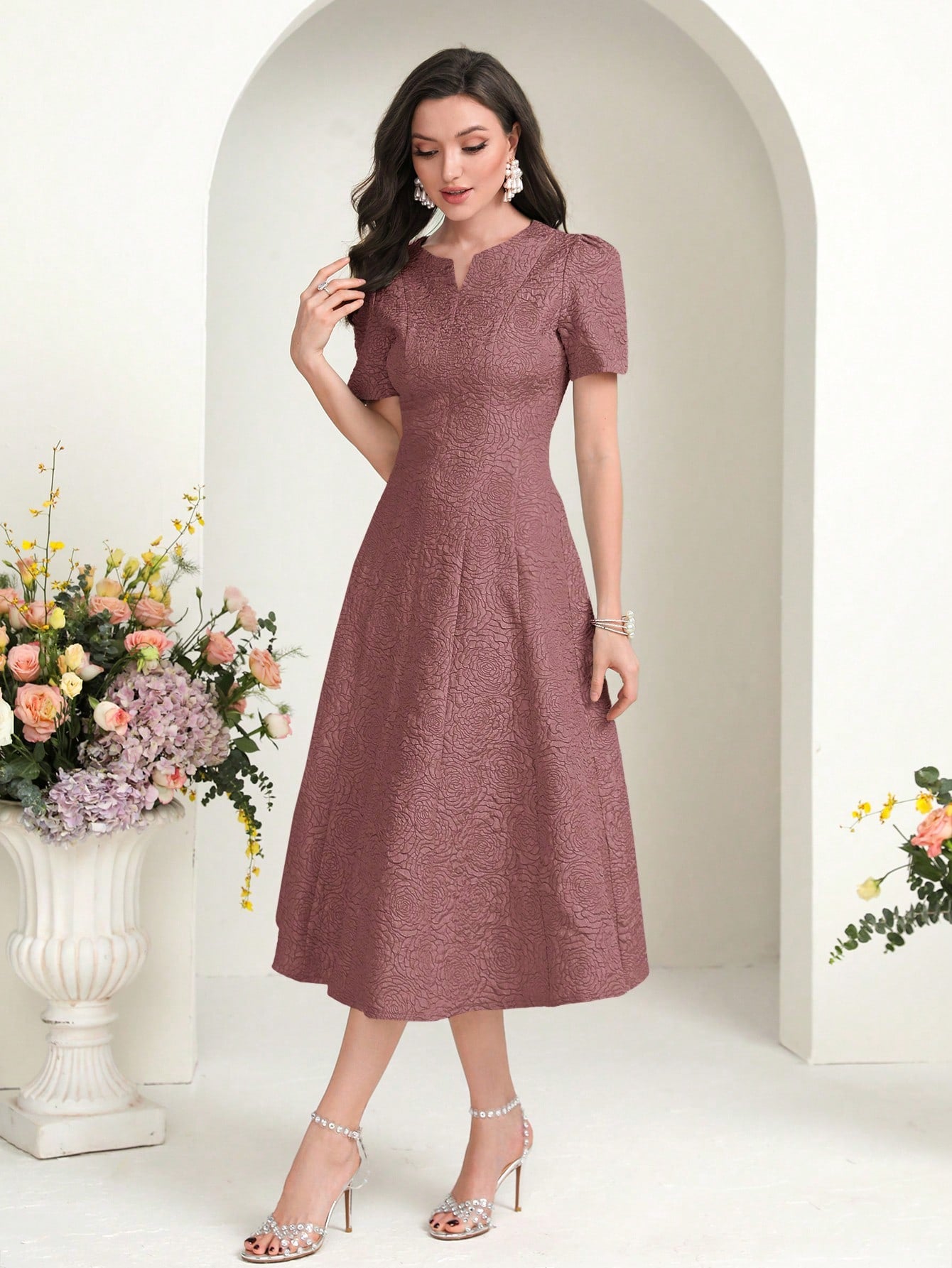 MODELYN Floral Jacquard Notched Neck Short Sleeve Midi Dress