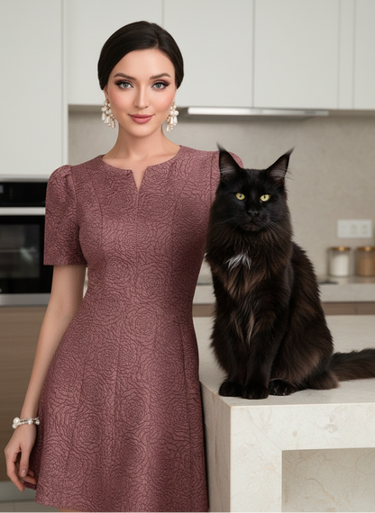 MODELYN Floral Jacquard Notched Neck Short Sleeve Midi Dress