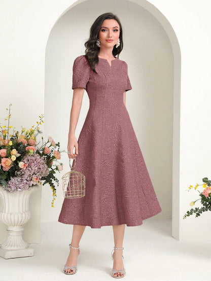 MODELYN Floral Jacquard Notched Neck Short Sleeve Midi Dress