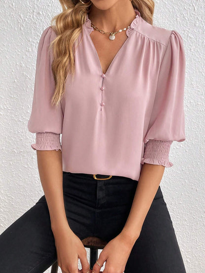 PRIVÉ Notched Neckline Shirred Sleeve Polyester Blouse