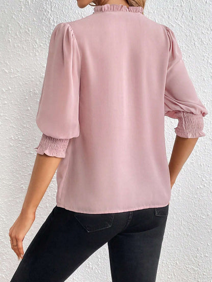 PRIVÉ Notched Neckline Shirred Sleeve Polyester Blouse
