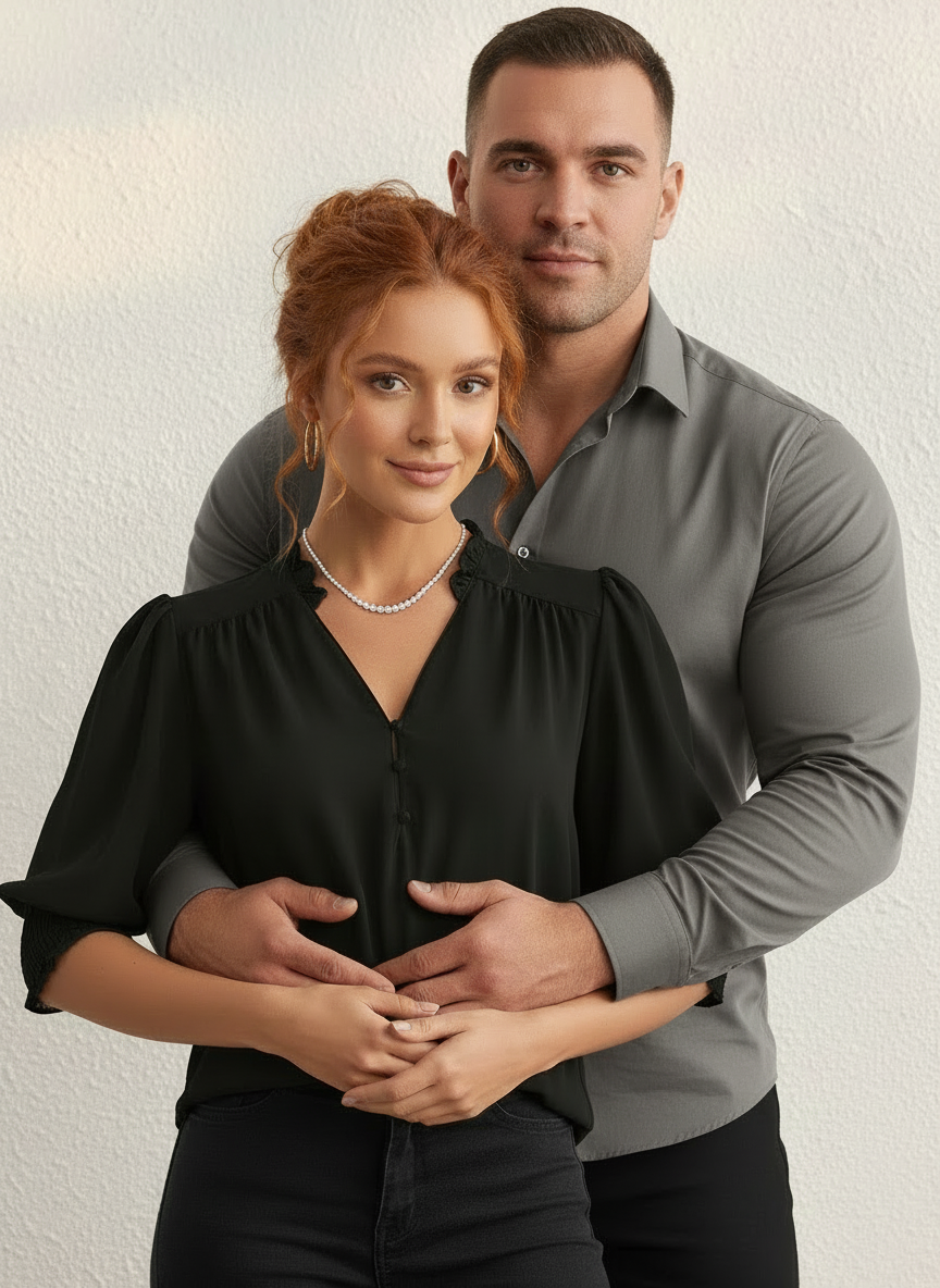 PRIVÉ Notched Neckline Shirred Sleeve Polyester Blouse