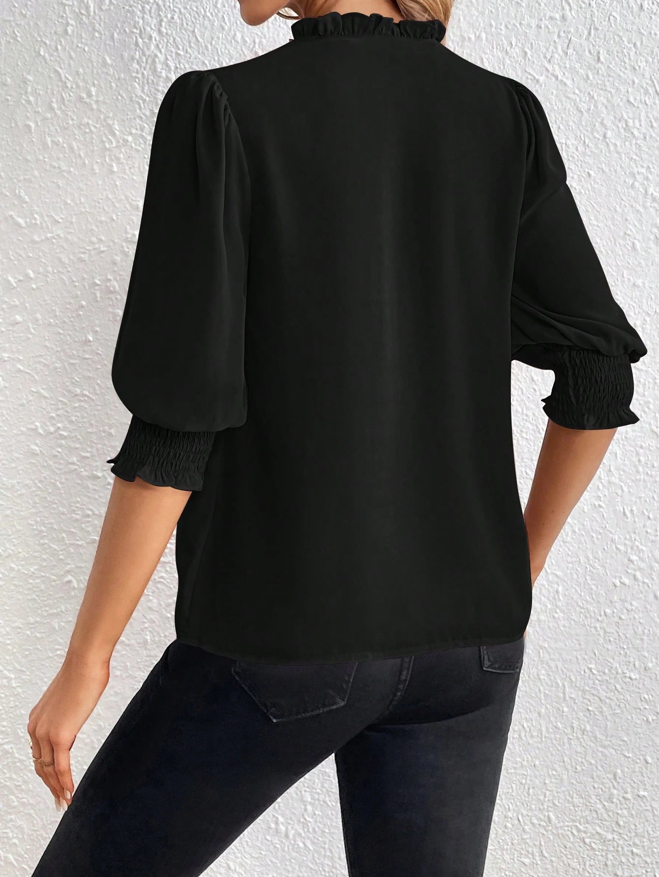 PRIVÉ Notched Neckline Shirred Sleeve Polyester Blouse