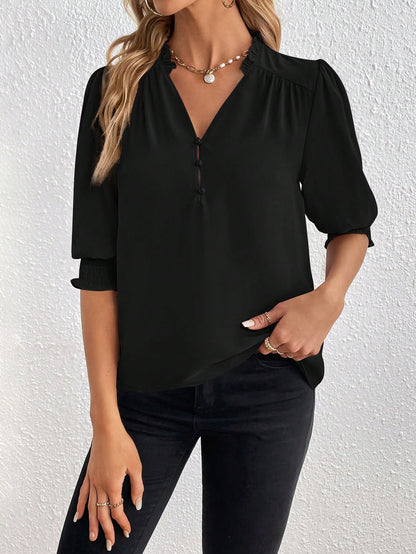 PRIVÉ Notched Neckline Shirred Sleeve Polyester Blouse